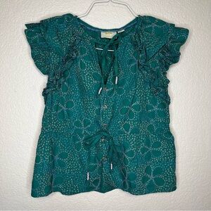 Anthropologie Maeve Ruffled Button Down Green Blouse with Embroidery Size XS